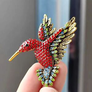 Anthropologie Gold and Red Hummingbird Brooch